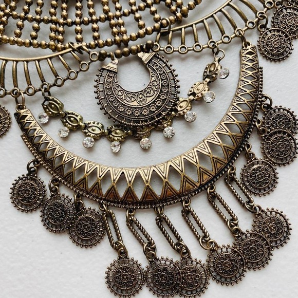 Boho Metal Statement Bib Necklace Burnished Gold Mutli-Dangle Large - Picture 4 of 7